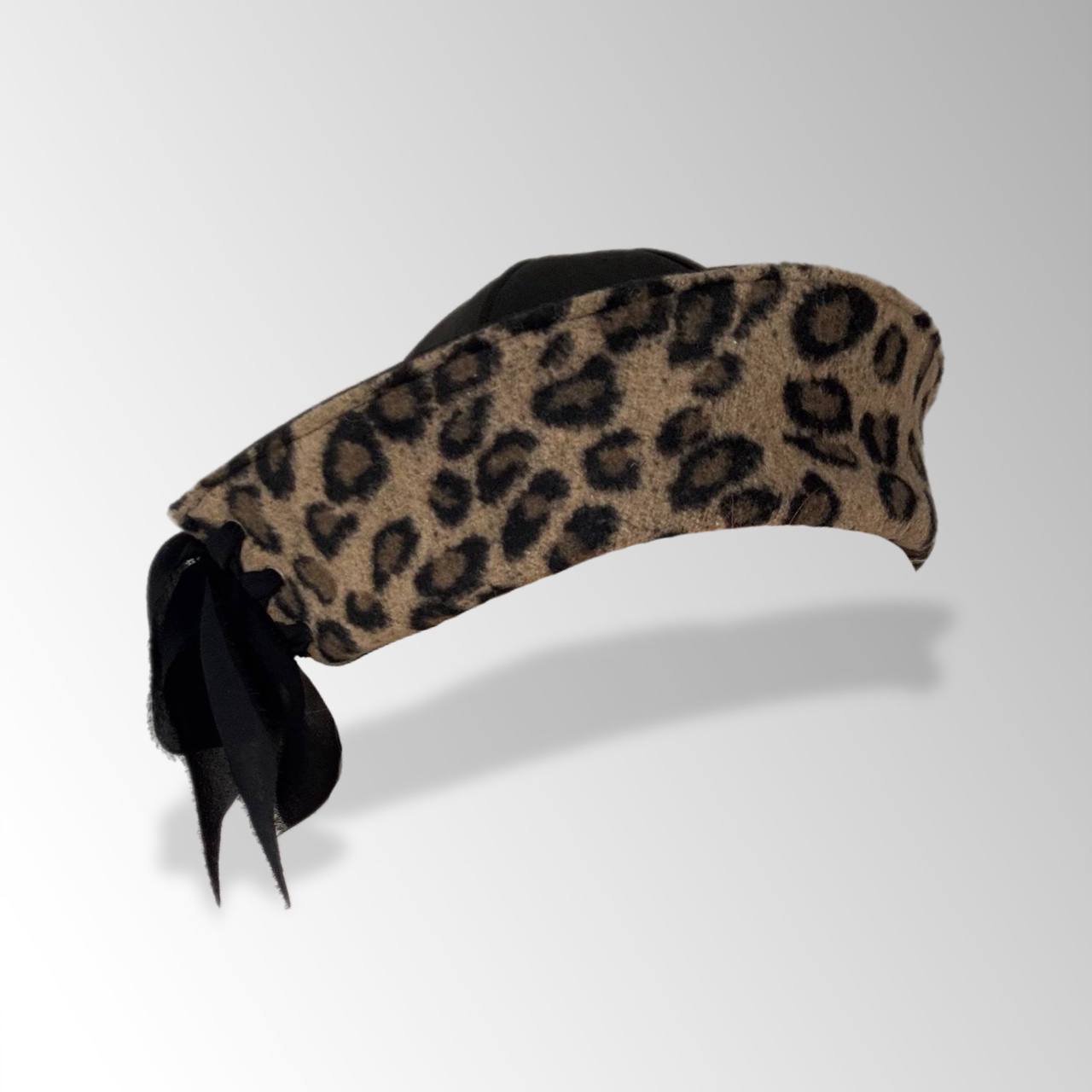 Handmade Eco Leather Fabric Sailor Hat With Ribbon and Leopard Print